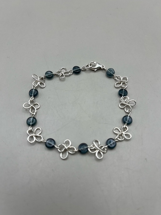 Artisan Jewelry - Handmade Sterling Silver Flower Link Bracelet 925 Blue Beaded Dainty Wire Wrappe